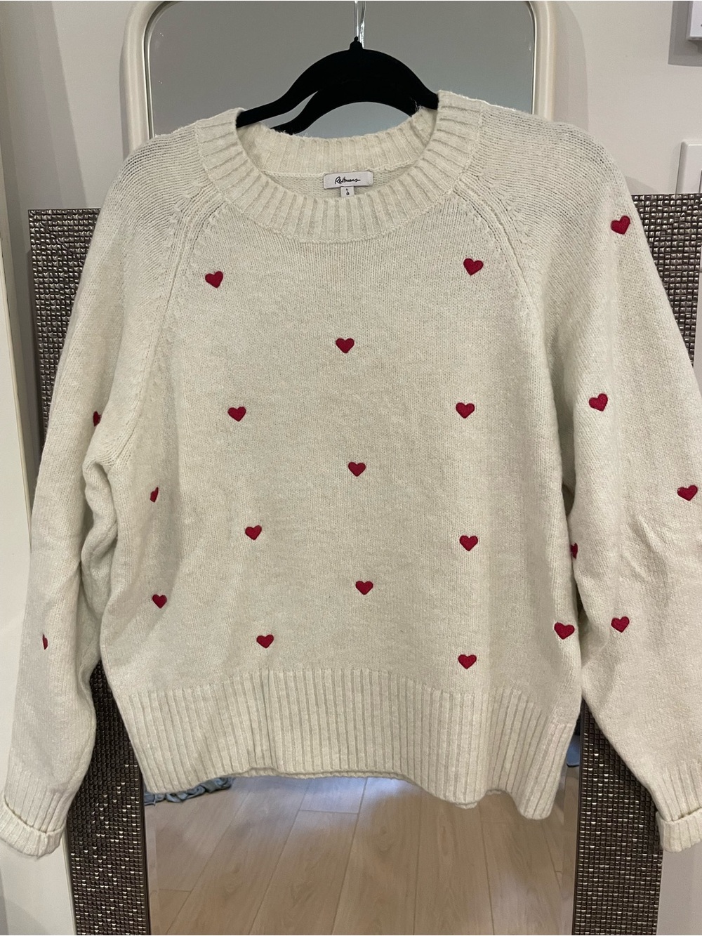 Reitmans Cream Crewneck Sweater with Red Heart Motif